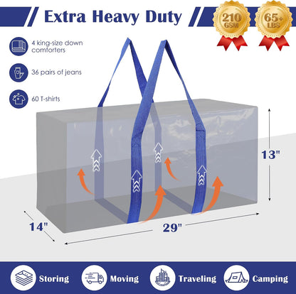 6 Pack Moving Bags Heavy Duty 210GSM with Full-Open Side Zipper, 93L 220lbs Waterproof Foldable Storage Totes for College Dorm Move-In, Moving Boxes Alternative & Home Organization, Blue