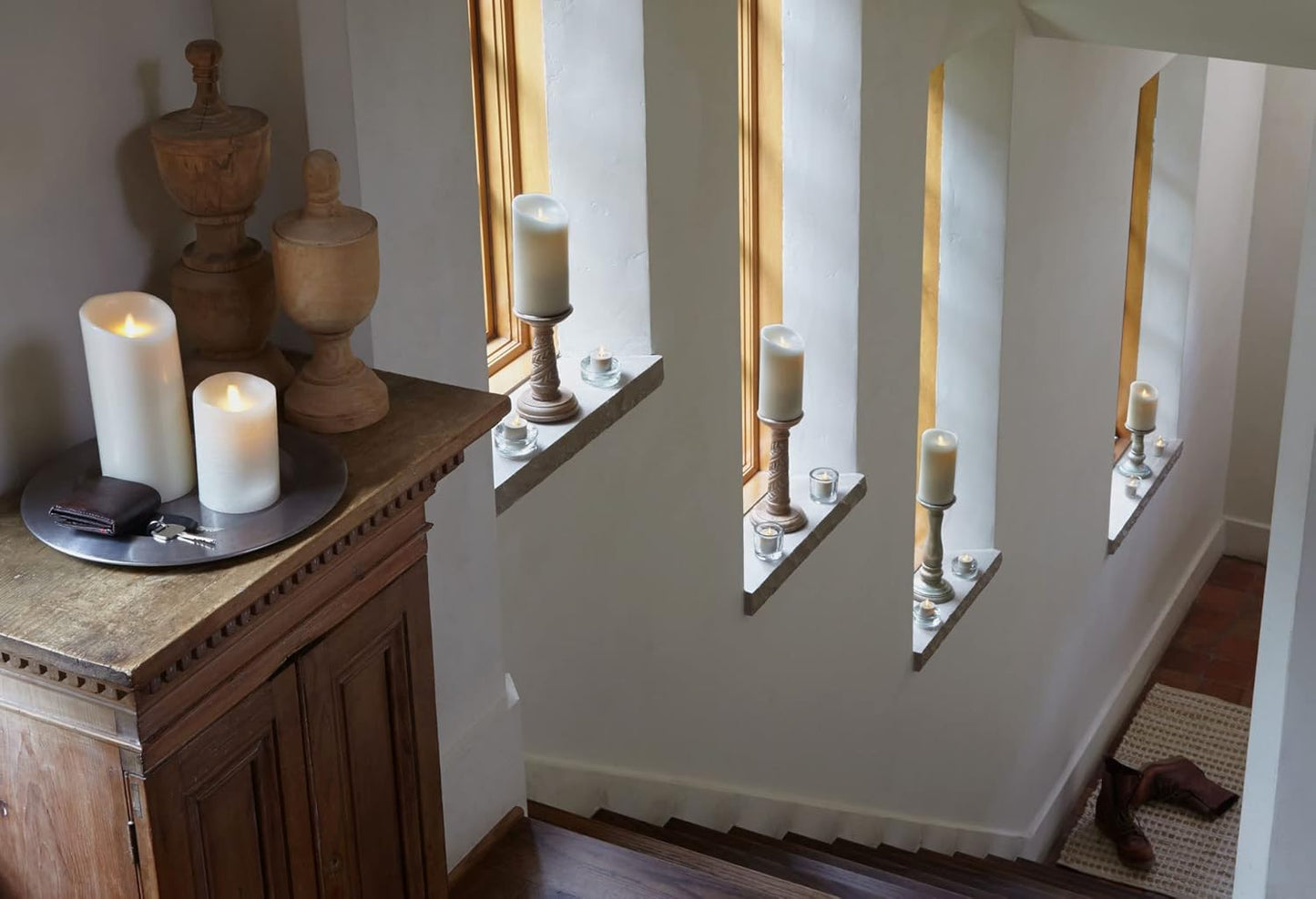 Luminara Realistic Flameless LED Set of 3 Ivory Pillar Candles, Home Safe Moving Flame Melted Top Illumination, Battery Operated Remote Control w/Timer