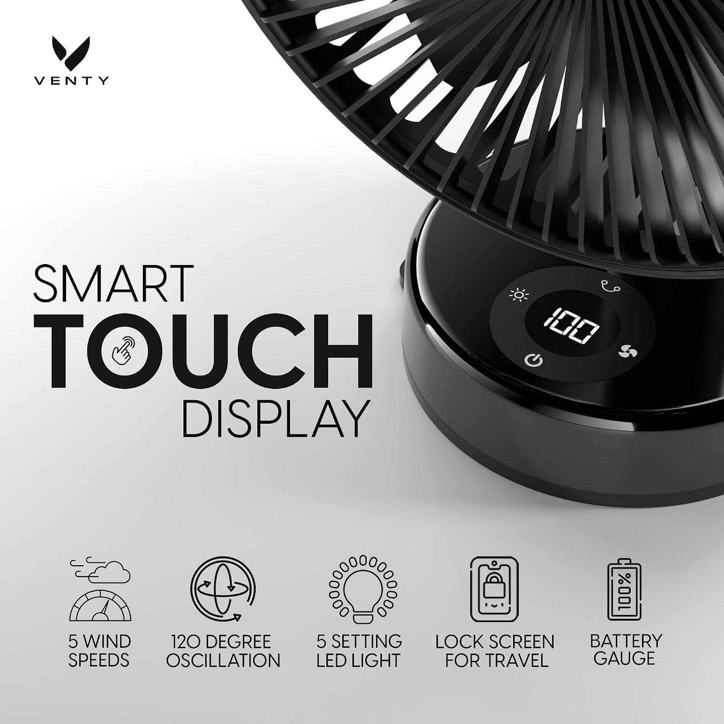 VENTY Portable Clip Fan - Rechargeable 10-Hour Battery Portable Fan - 360° Rotation & 90° Tilt - Stroller, Desk or Bedside - Aromatherapy & LED Light - USB-C cable & Carrying Pouch