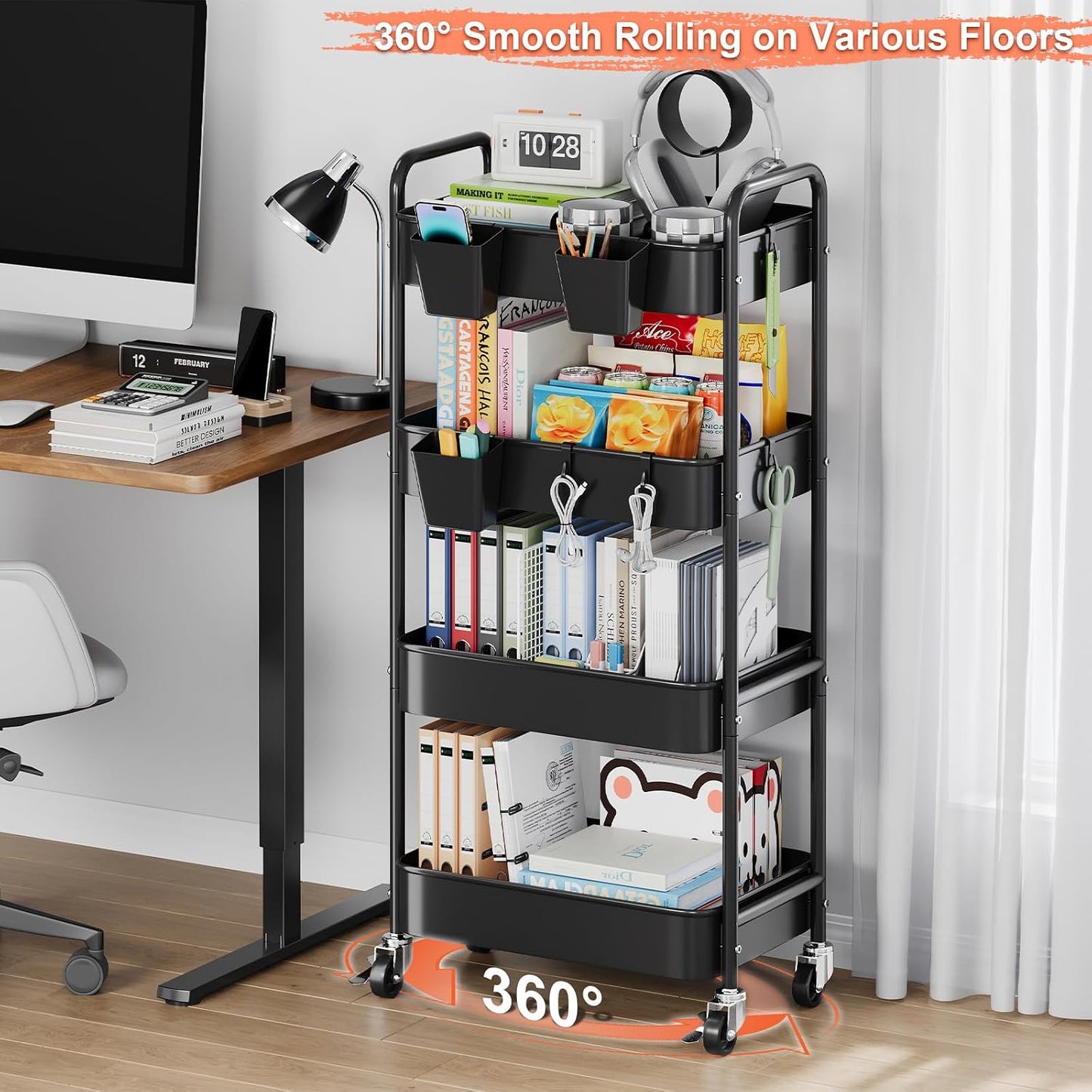 2 Tier Small Rolling Cart Metal with Wheels, White Under Desk Storage Cart on Wheels, Short Utility Roller Caddy Carts Organizer for Art,Craft,Pantry,Bathroom, Two Tiered Shelf Trolley,22 Inches Tall