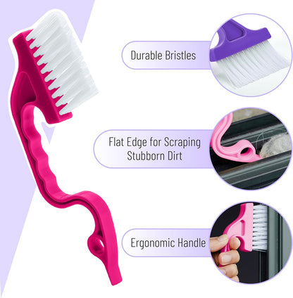 Slick- Window Track Cleaning Brush, 2 Pack, Blue Ergonomic Handle | Built-in Scraper, Multipurpose Window Track Cleaning Tool for Sliding Doors, Windows, Corners, Dust, Dirt & Narrow Gaps
