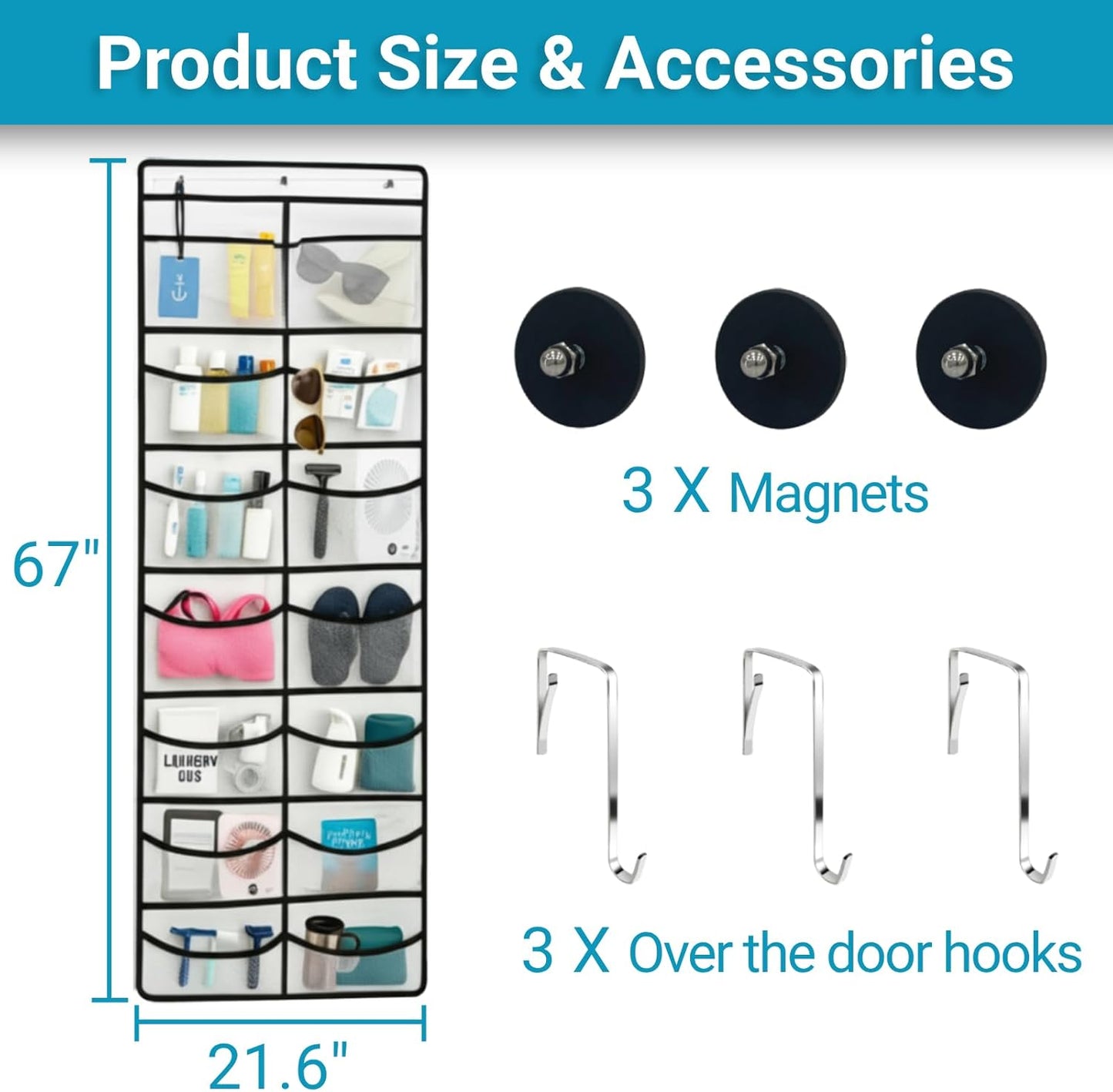 Magnetic Cruise Organizer, 14 Large Durable Pockets Over The Door Organizer For Cruise Ships, Magnetic & Hanging Cruise Organizer, Cruise Essentials 2026 （ 67" x 21.6"）