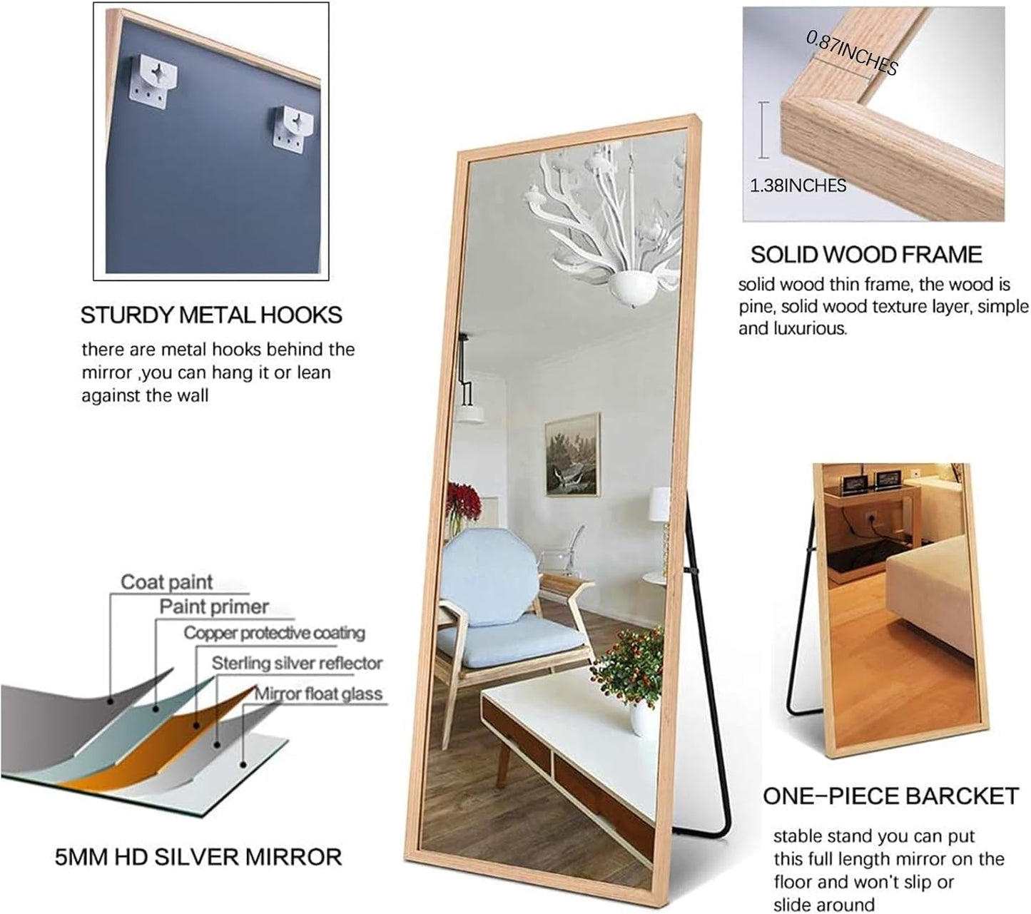BOLEN Wood Full Length Mirror with Stand, 65"x22" Full Body Mirror for Wall and Floor, Large for Bedroom, Living Room or Cloakroom, Solid Wood