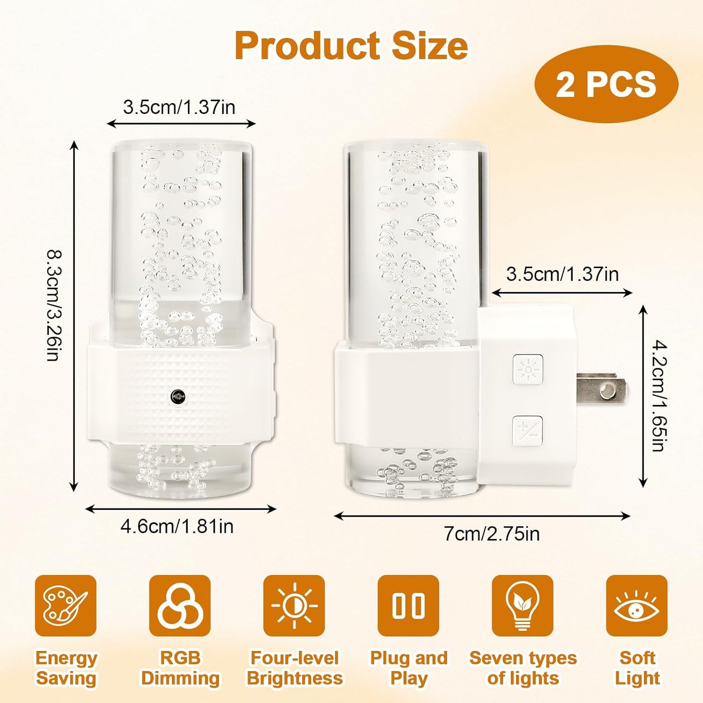 Night Lights Plug into Wall, 2 Pack Acrylic Stair Light, 7 Colors Dimmable Nightlight with 0-100 LM Adjustable Brightness, 3000K Plug in Wall Lamp with Dusk to Dawn Sensor, for Bedroom, Hallway