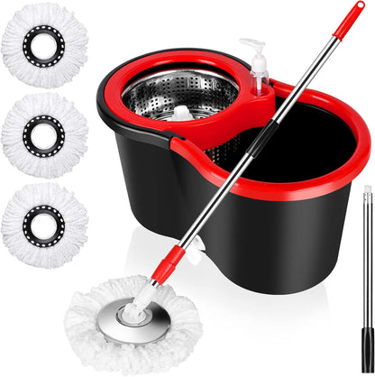 Spin Mop and Bucket with Wringer Set, 360° Spinning Mop Bucket System with 3 Microfiber Mop Replacement Heads and 50" Stainless Steel Adjustable Handle for Floor Cleaning