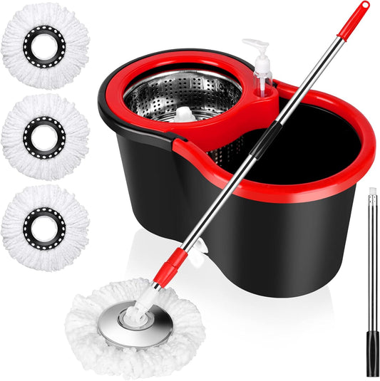 Spin Mop and Bucket with Wringer Set, 360° Spinning Mop Bucket System with 3 Microfiber Mop Replacement Heads and 50" Stainless Steel Adjustable Handle for Floor Cleaning