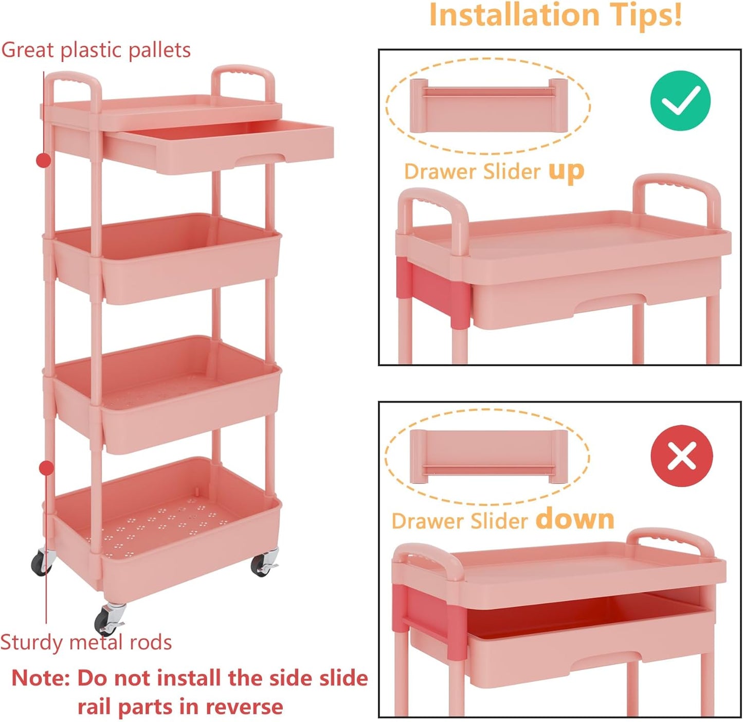 Calmootey 3-Tier Rolling Utility Cart with Drawer,Multifunctional Storage Organizer with Plastic Shelf & Metal Wheels,Storage Cart for Kitchen,Bathroom,Living Room,Office,White