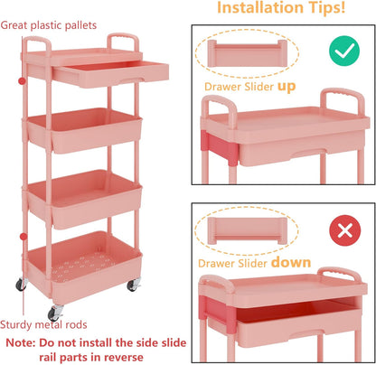Calmootey 3-Tier Rolling Utility Cart with Drawer,Multifunctional Storage Organizer with Plastic Shelf & Metal Wheels,Storage Cart for Kitchen,Bathroom,Living Room,Office,White