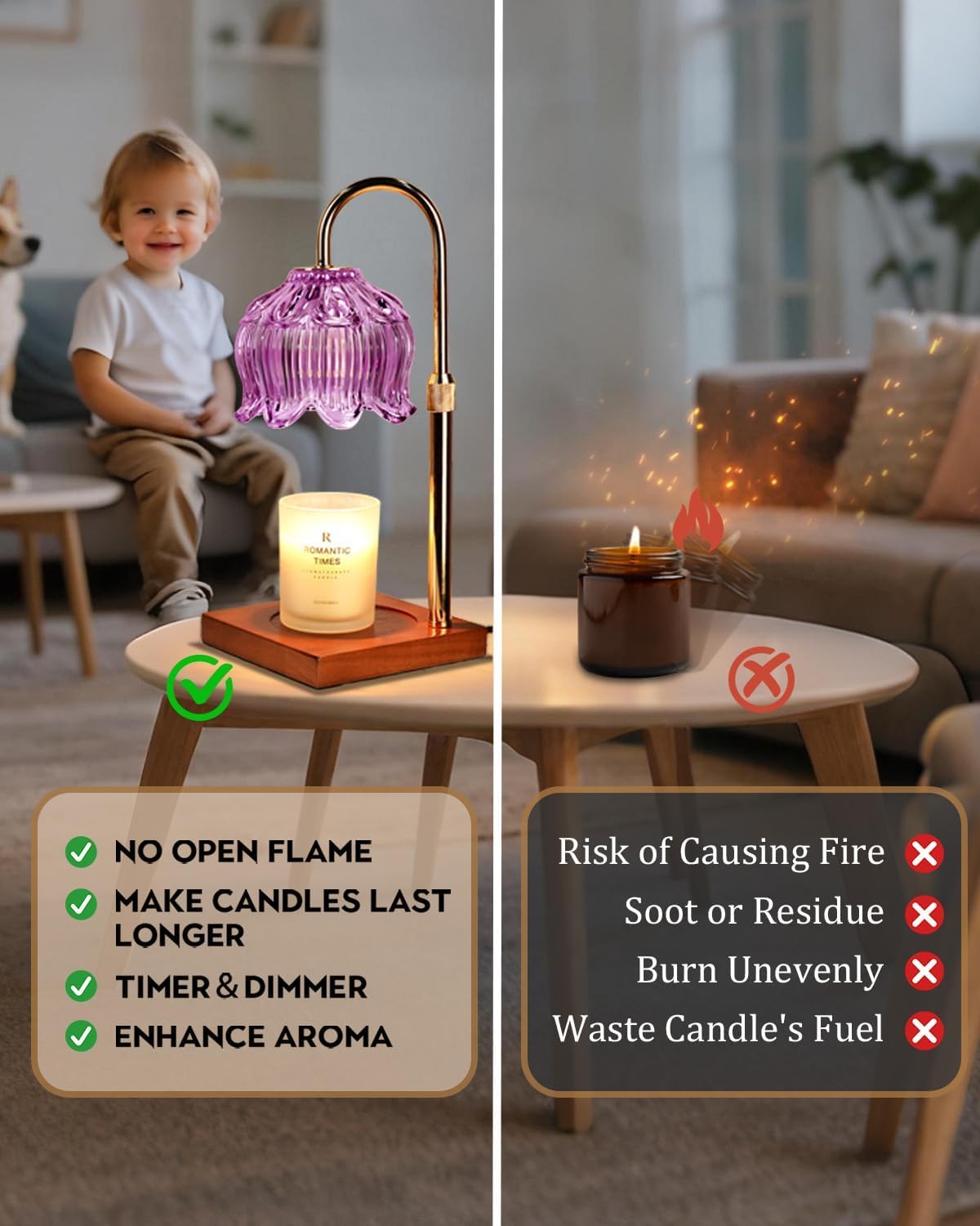Funistree Flower Candle Warmer Lamp with Timer & Dimmer, Adjustable Height Candle Warmer, Christmas Birthday Gifts for Women Mom, House Warming New Home Decor, Wax Warmer with 2 Bulbs for Jar Candles