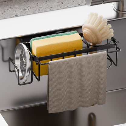TAILI Sponge Holder with Strong Suction Cup, Dish Sponge Caddy Inside Sink Removable, Rustproof Aluminum for Sponges, Brushes, Stoppers and Scrapers - Black
