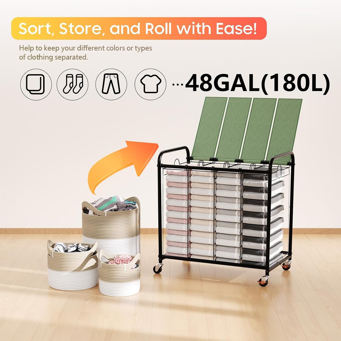 180L (47.55 Gal) Laundry Sorter 3 Section, Rolling Laundry Basket with Lockable Wheels and Lid, Laundry Hamper with 3 Separated Removable Bags Dirty Clothes Hamper for Laundry Room Organizer, Black
