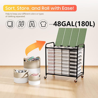180L (47.55 Gal) Laundry Sorter 3 Section, Rolling Laundry Basket with Lockable Wheels and Lid, Laundry Hamper with 3 Separated Removable Bags Dirty Clothes Hamper for Laundry Room Organizer, Black