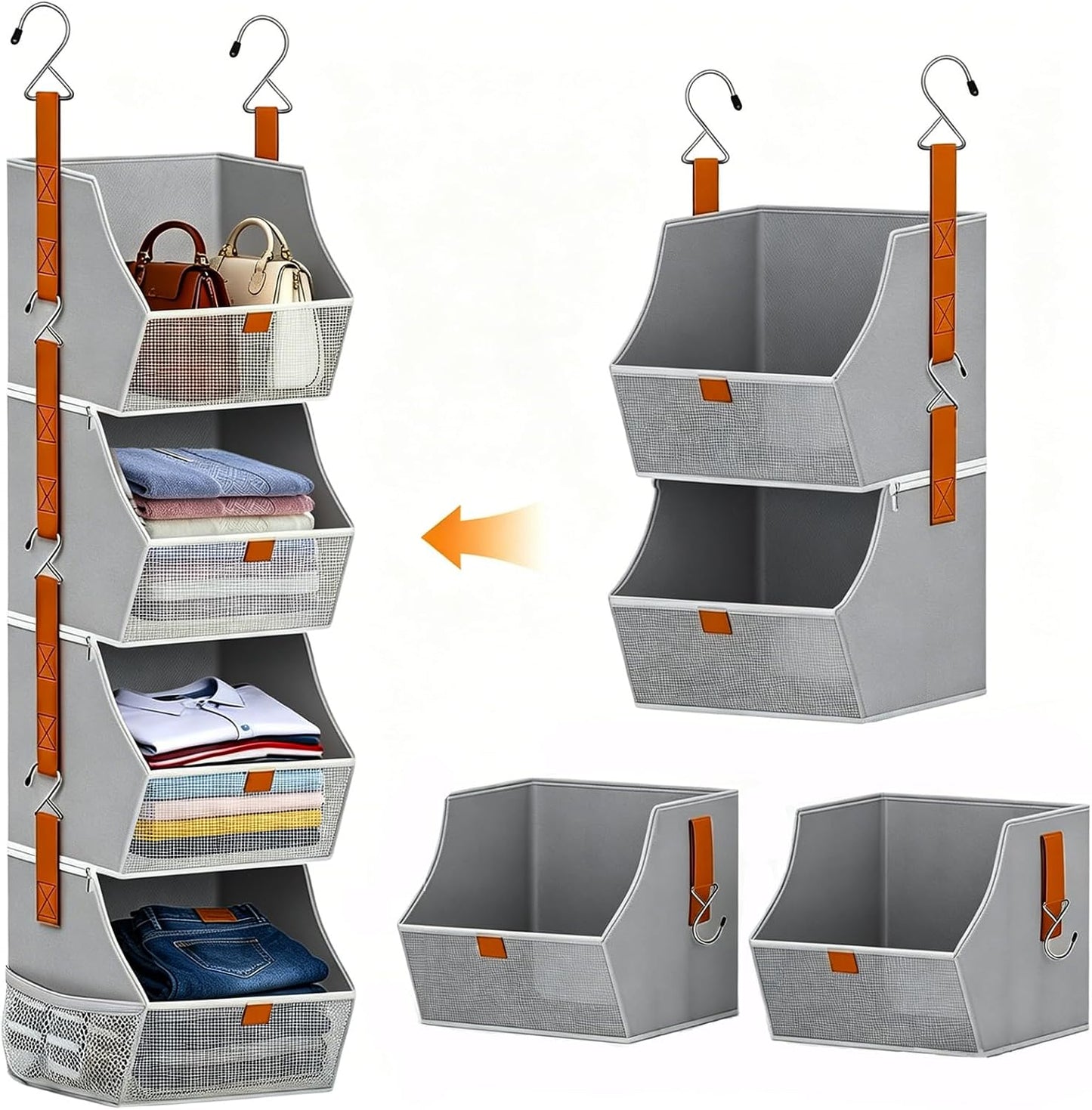 Fabric 4 Tier Hanging Closet Organizers Heavy Duty Shelf Hanging Storage Towel Clothes Sweater Jeans Bag Organizer For Closet For Bedroom,Dorm,RV,See Through Front Panel, Space-Saving (Beige-4Tier)