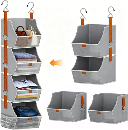 Fabric 4 Tier Hanging Closet Organizers Heavy Duty Shelf Hanging Storage Towel Clothes Sweater Jeans Bag Organizer For Closet For Bedroom,Dorm,RV,See Through Front Panel, Space-Saving (Beige-4Tier)