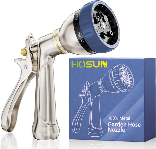 HOSUN Heavy Duty Garden Hose Nozzle, 100% Metal Adjustable Water Sprayer with 7 Spray Patterns, Leak-Proof Rear Trigger with Lock, High Pressure Hose End for Lawn Watering, Car Wash, Pet Cleaning