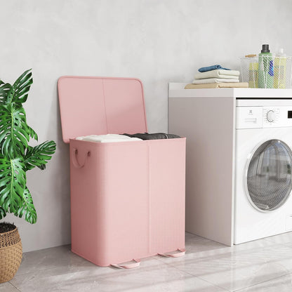Lifewit Double Laundry Hamper with Lid and Removable Laundry Bags, Large Collapsible 2 Dividers Dirty Clothes Basket with Handles for Bedroom Laundry Room Closet Bathroom College, 136L Beige