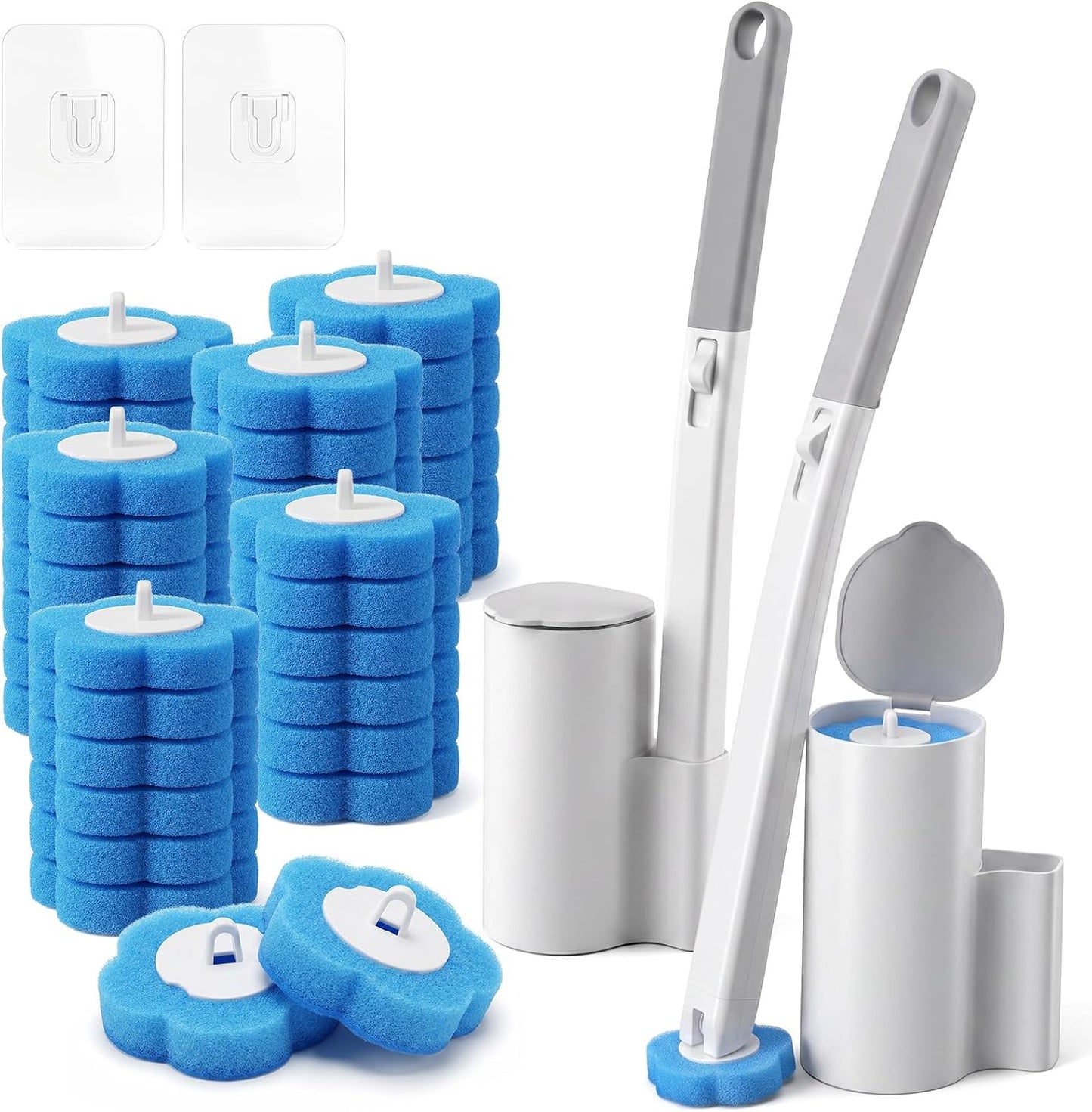 Disposable Toilet Brush and Holder Set 2 Pack Toilet Wand Kit with 60 Refills Wall Mounted Toilets Bowl Cleaner System for Bathroom Cleaning Sink Bathtub White Blue