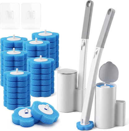Disposable Toilet Brush and Holder Set 2 Pack Toilet Wand Kit with 60 Refills Wall Mounted Toilets Bowl Cleaner System for Bathroom Cleaning Sink Bathtub White Blue