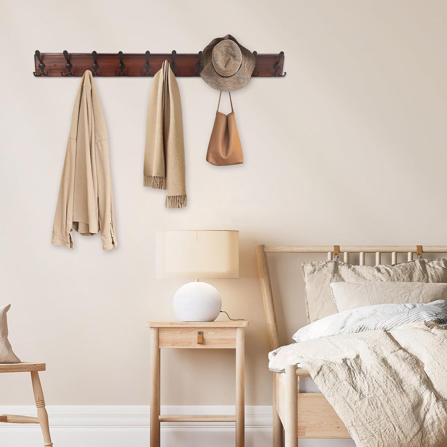 Kuhome 2pcs Coat Rack Wall Mount Wooden Hat Rack for Wall Hooks Pine Real Wood Plank 16.9" Brown Coat Hanger with 5 Triple Hooks for Hanging Coat Hat Jacket