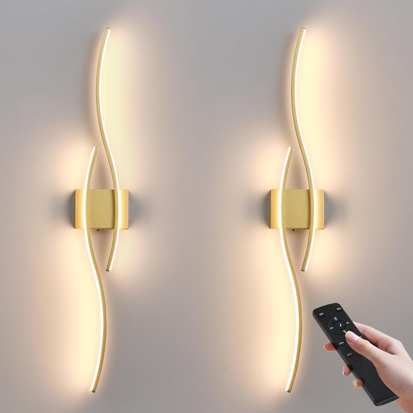 KARTOOSH Battery Operated Wall Sconces Set of Two with Remote Control, Dimmable/3 Colors/Night-Light/Timer/Memory, Gold Modern Wireless LED Sconce for Living Room, Hallway, Bedroom, 27.5 Inch (2 Pack)