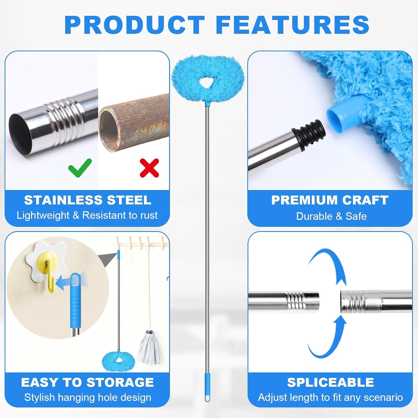 Storystore Ceiling Fan Cleaner Duster - Adjustable Duster with Extension Pole,Dusters for Cleaning Fan Blade, Walls and Cobweb (Blue)