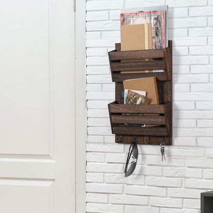 BTY Mail Sorter Wall Mounted, Wooden Mail Holder with 4 Key Hooks, 2 Slot Letter Bills Newspaper Magazine Organizer for Entryroom Hallway Office Garage, Gray White