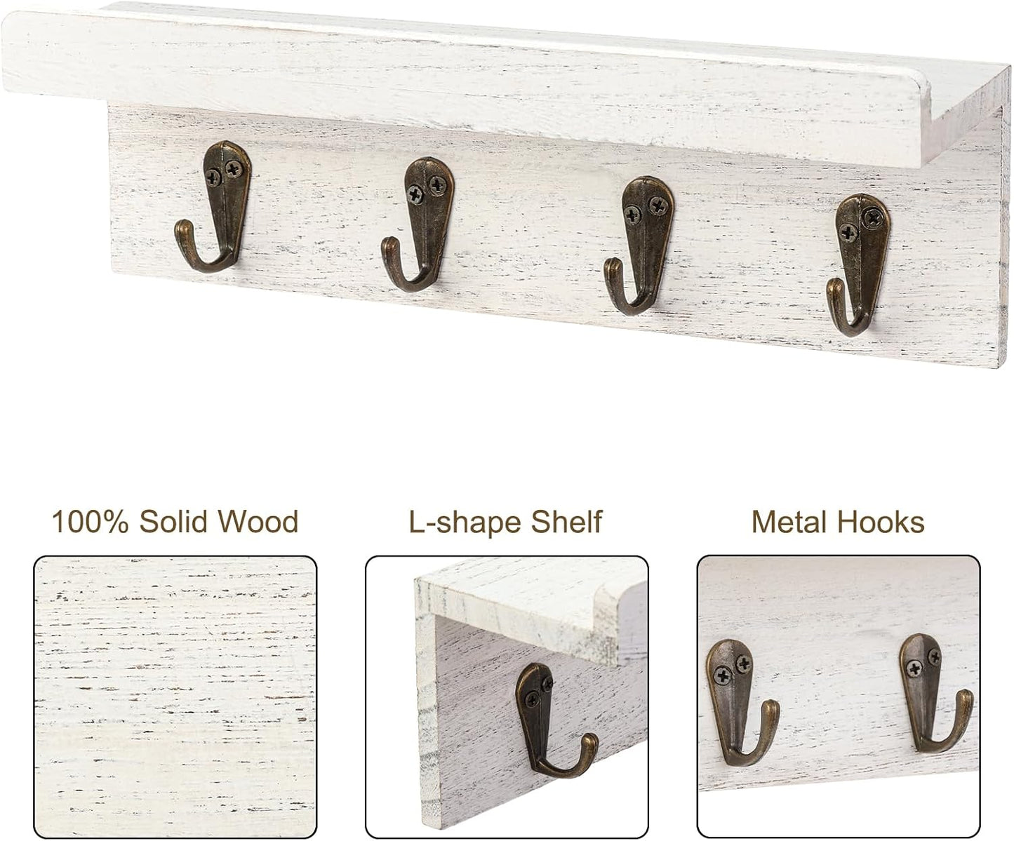 HRONRAD Rustic Key Holder for Wall, Farmhouse Wall Shelf with 4 Hooks, Wall Mounted Key Racks, Wooden Mail Organizer with Hooks for Entryway (Brown)