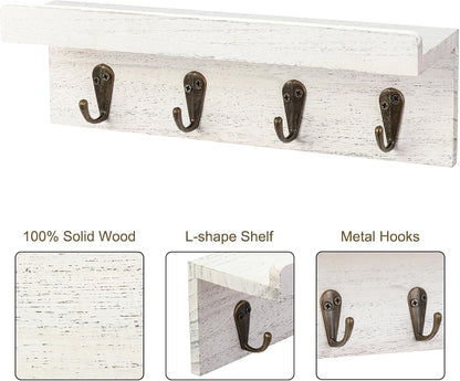 HRONRAD Rustic Key Holder for Wall, Farmhouse Wall Shelf with 4 Hooks, Wall Mounted Key Racks, Wooden Mail Organizer with Hooks for Entryway (Brown)
