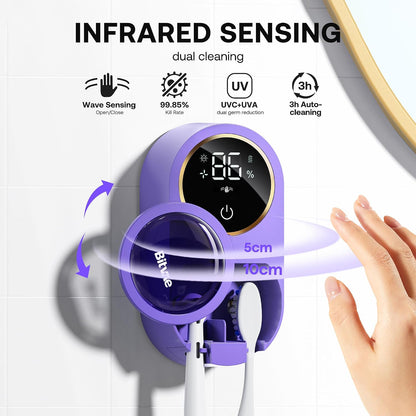 Bitvae Upgraded Tooth Brush Holder for Bathroom 2.0, Infrared Sensing Toothbrush Cleaner, Wall-Mounted for Most Size Toothbrushes, Air Drying, LED Smart Screen, White Gold Trim
