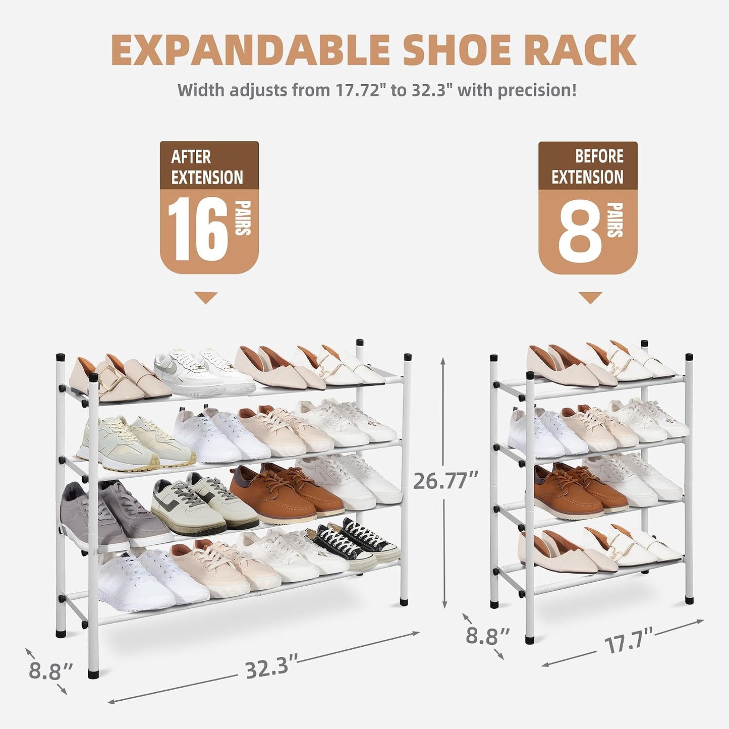 STORAGE MANIAC Expandable Shoe Rack for Closet, 8 Pairs Stackable Small Shoe Rack, Metal Adjustable Shoes Organizer for Entryway, Hallway, Garage, Front Door, Shoes Shelves, Black 2 Tier
