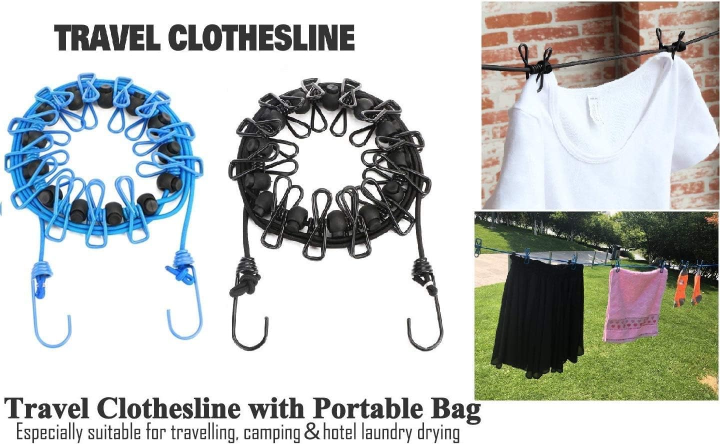 2 Pack Portable Clothesline with 12 Clothespins, Windproof Travel Stretchy Retractable Elastic Laundry Clothes Line for Backyard, Vacation Hotel, Balcony Drying