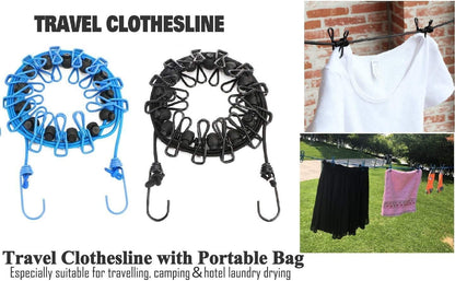 2 Pack Portable Clothesline with 12 Clothespins, Windproof Travel Stretchy Retractable Elastic Laundry Clothes Line for Backyard, Vacation Hotel, Balcony Drying