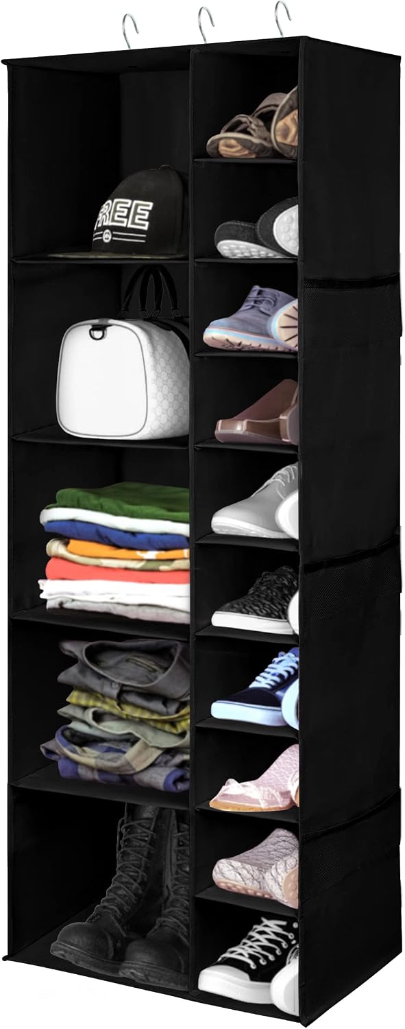 Libeder Shoe Organizer for Closet, 15 Shelf Hanging Closet Storage Shelves - 10 Shoe Rack Organizer and 5 Compartment for Clothes with 6 Side Mesh Pockets for Scarves Socks,Gloves, Grey