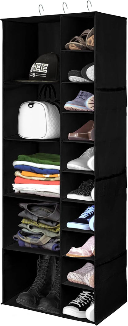Libeder Shoe Organizer for Closet, 15 Shelf Hanging Closet Storage Shelves - 10 Shoe Rack Organizer and 5 Compartment for Clothes with 6 Side Mesh Pockets for Scarves Socks,Gloves, Grey