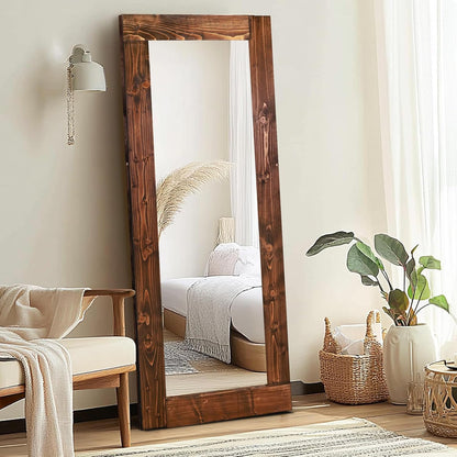 Solid Wood Full Length Mirror - 65"x22" Arched Floor Mirror, Free Standing & Wall Mounted - Elegant Design for Bedroom, Dressing Room, Hallway, Brown