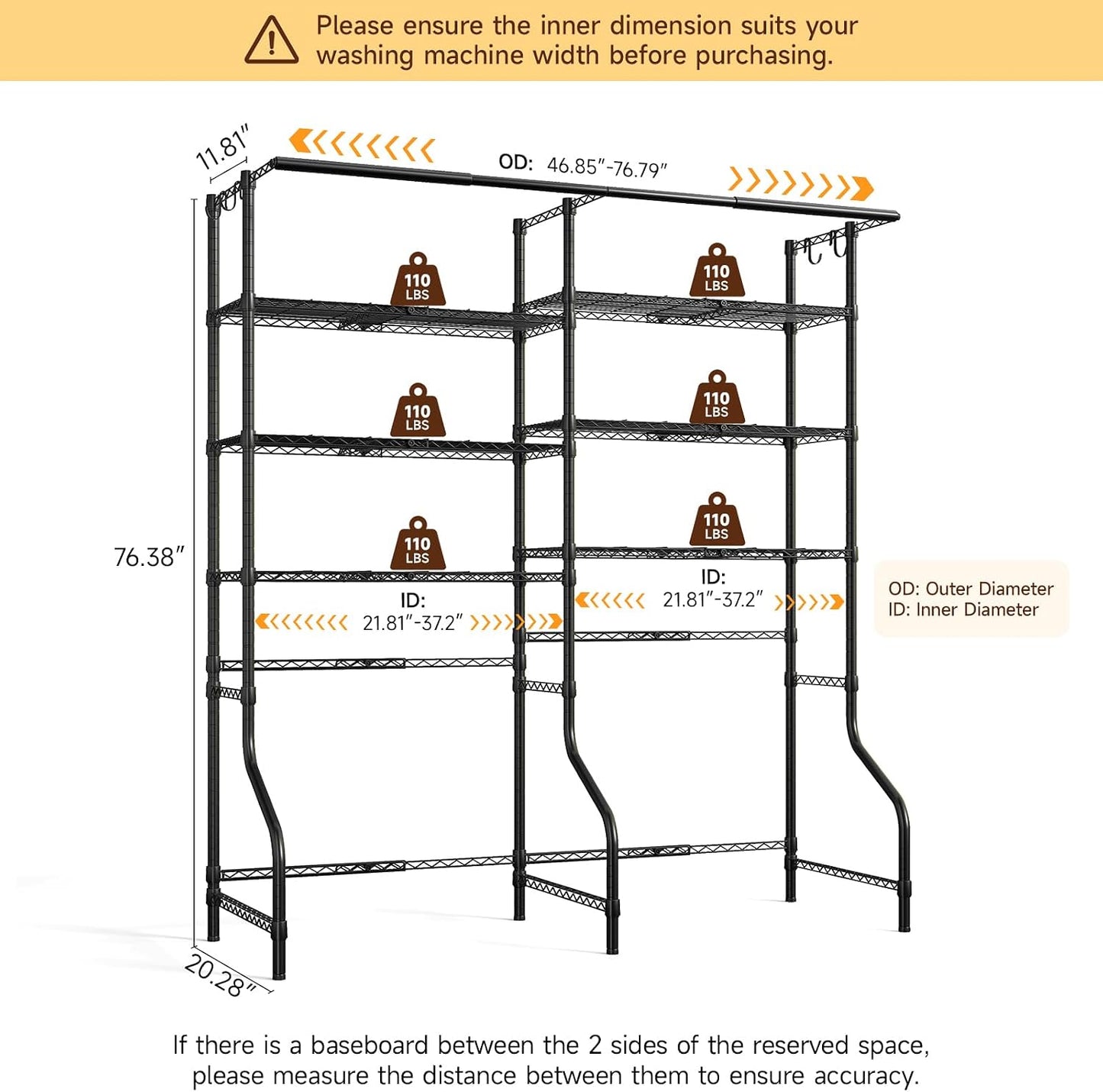 ONBRILL Expandable Over Washer and Dryer Shelves, 6 Tiers Laundry Room Organization and Storage with 2 Hanger Rods, 4 Hooks, Adjustable Height Metal Freestanding Clothes Drying Rack, Black