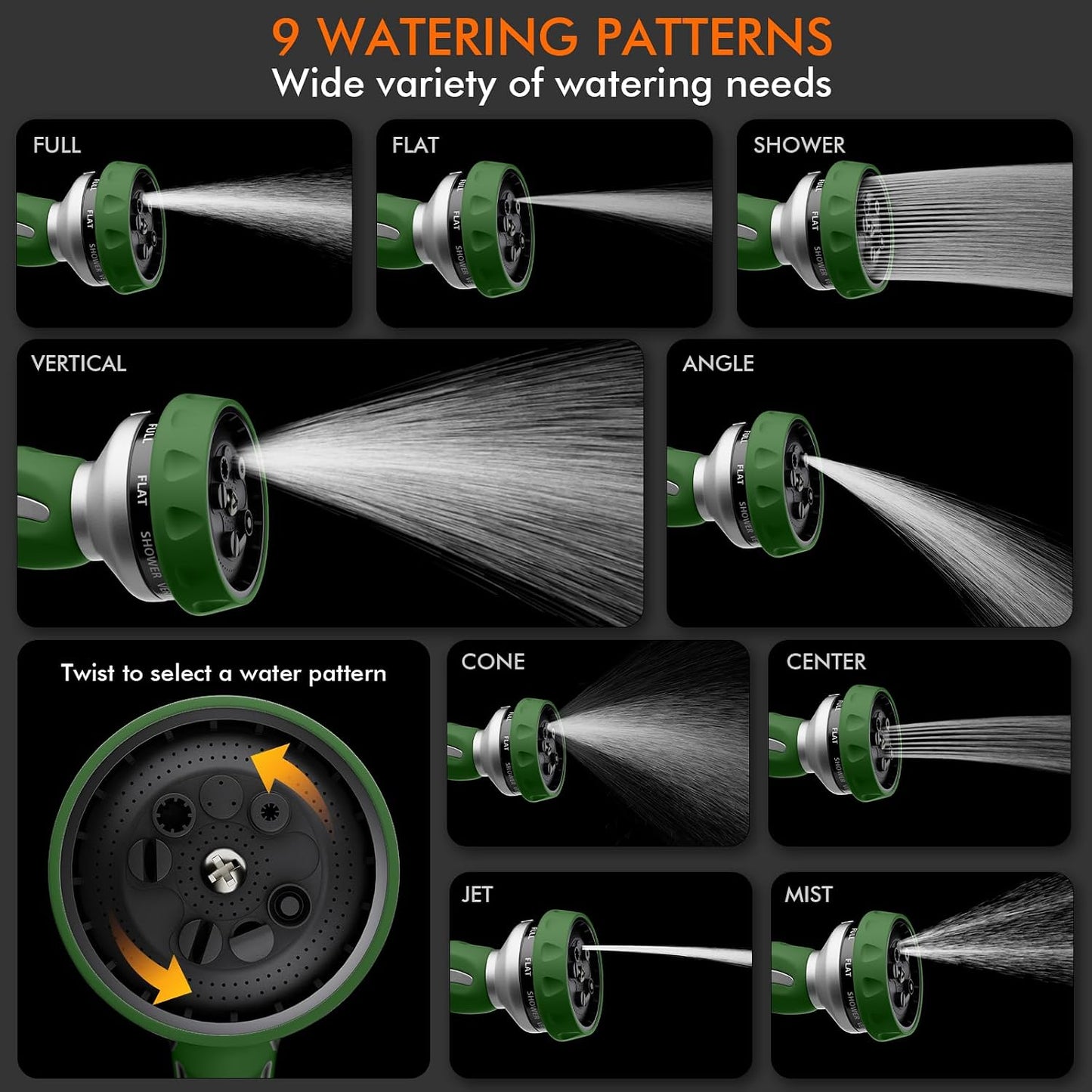 RESTMO Hose Nozzle Heavy Duty, Metal Water Hose Sprayer for Garden | 9 Spray Patterns, High Pressure, Thumb Flow Control, On/Off Valve, Ideal for Outdoor Lawn & Plant, Car & Pet, Black