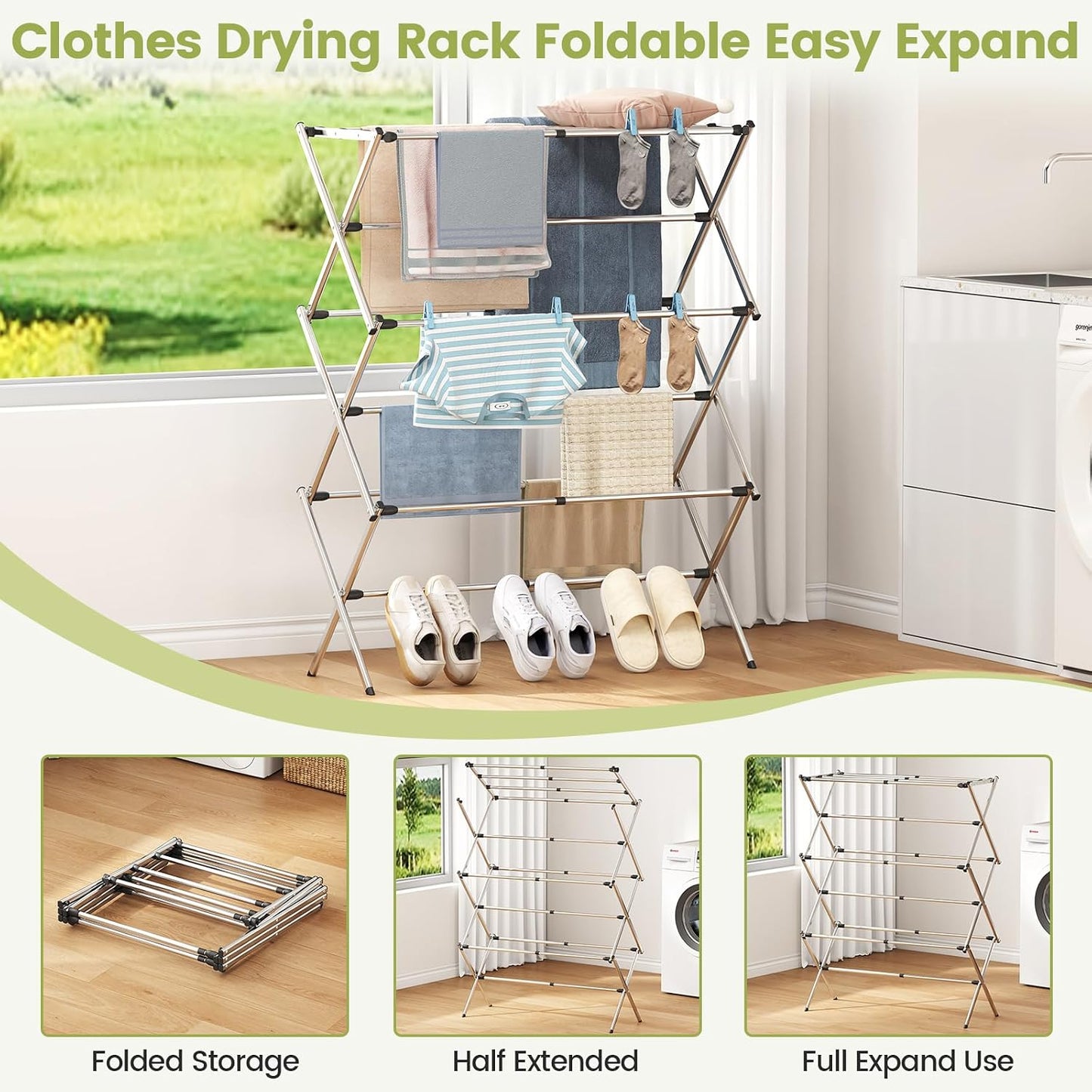 APEXCHASER Extra Large Clothes Drying Rack, Foldable & Extendable Laundry Rack with Adjustable Size (20.87"-35.43" L), Space-Saving, Rust-Resistant Frame for Indoor/Outdoor Use, White