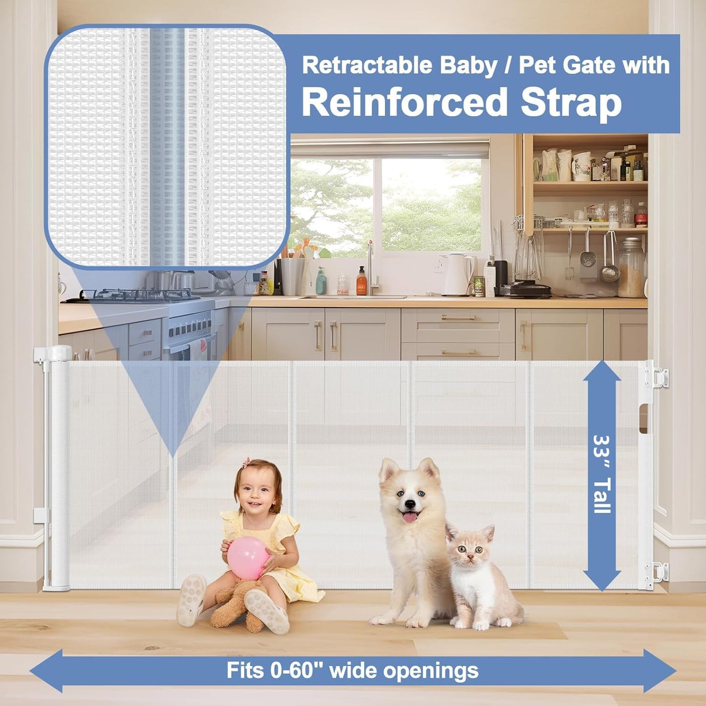 Reinforced Retractable Baby Gates with Support Beam 60" Wide Retractable Dog Gate Indoor Prevent Children and Dogs from Crawling Under Outdoor Dog Gate for Deck Mesh Gates for Kids or Pets, Black