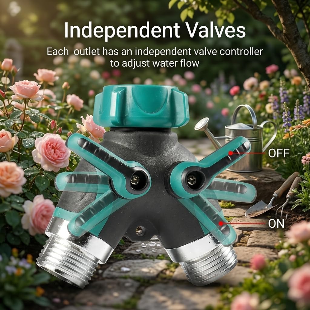 2 Way Garden Hose Splitter, Heavy Duty Metal Y Hose Connector with Shut Off Valves, Dual Outlet Water Spigot Splitter for 3/4" Garden Hose, Leak-Proof Design with Rubberized Grips