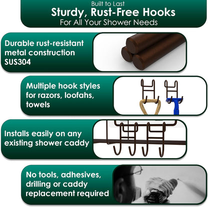 Bronze Shower Caddy - 4 Pack Open Shelf Hooks for Loofah, Razor, Shower Accessories
