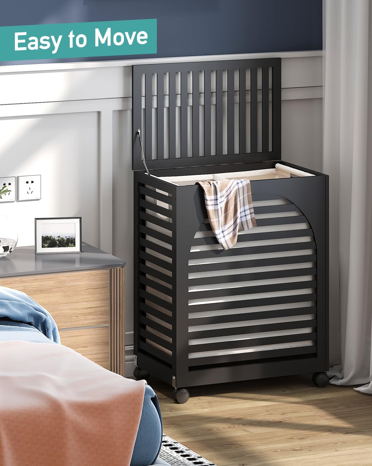 Black Laundry Hamper with Wheels, Laundry Basket with Lid, 22.5 Gallon (85L) Bamboo Wood Clothes Laundry Hamper 2 Section with Handles, Removable Liner
