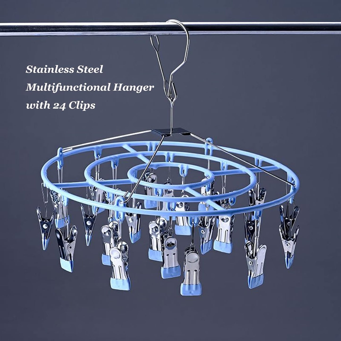 Stainless Steel Clothes Sock Drying Rack with 24 Clips, Swivel Hook Windproof Clothes Hanger Rack for Sock, Bras, Towel, Underwear, Laundry Clothes, Hat, Scarf, Pants, Gloves (Pink Clips)