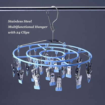 Stainless Steel Clothes Sock Drying Rack with 24 Clips, Swivel Hook Windproof Clothes Hanger Rack for Sock, Bras, Towel, Underwear, Laundry Clothes, Hat, Scarf, Pants, Gloves (Pink Clips)