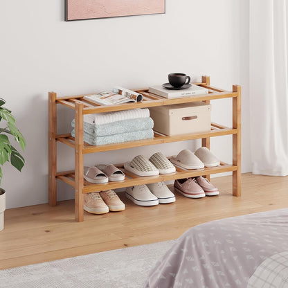 Bamboo Shoe Rack Organizer for Closet and Entryway - Space-Saving Narrow Shoe Stand - Versatile Shoe Holder for Door or Closet Shelf, Garage Bedroom can Freely Stack DIY Small Shoe Racks 3 Tier