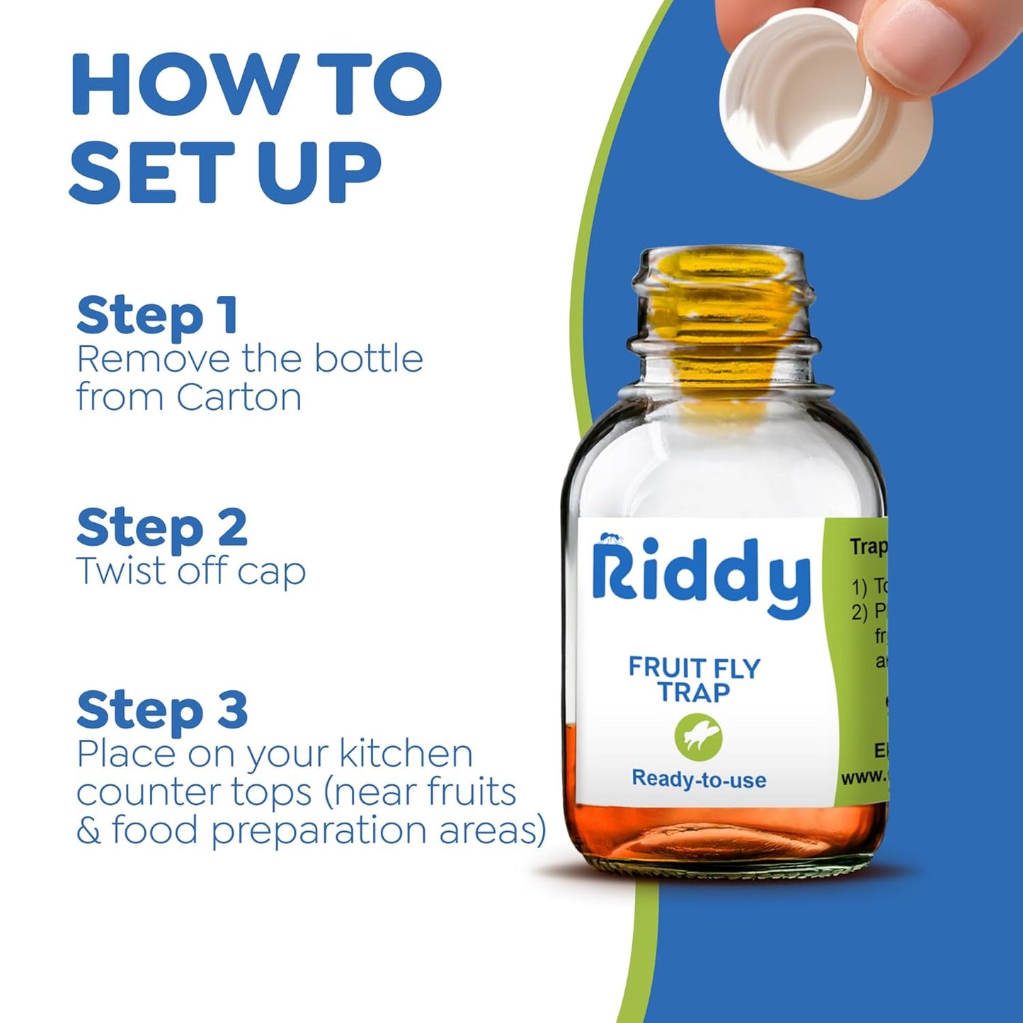 Riddy Fruit Fly Traps – Non-Toxic, Ready-to-Use, Long-Lasting Solution for Fruit Flies in Kitchens and Food Preparation Areas, Pack of 2