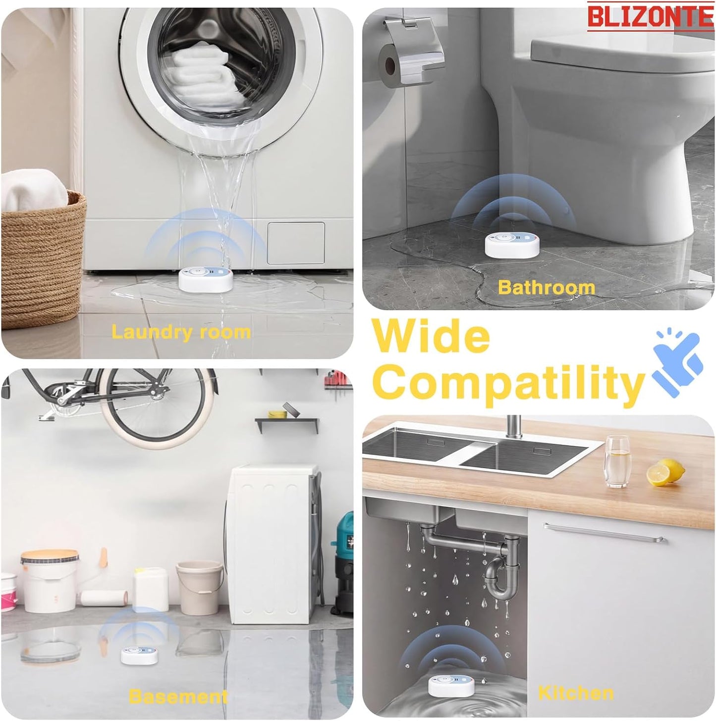 Water Leak Detector 5 Pack, 5-Year Battery Life, Water Alarm with Low Battery Warning, 100dB Loud Sound and Self-Test Function, IP66 Waterproof for Home Basement Kitchen(Not Support Wi-Fi)