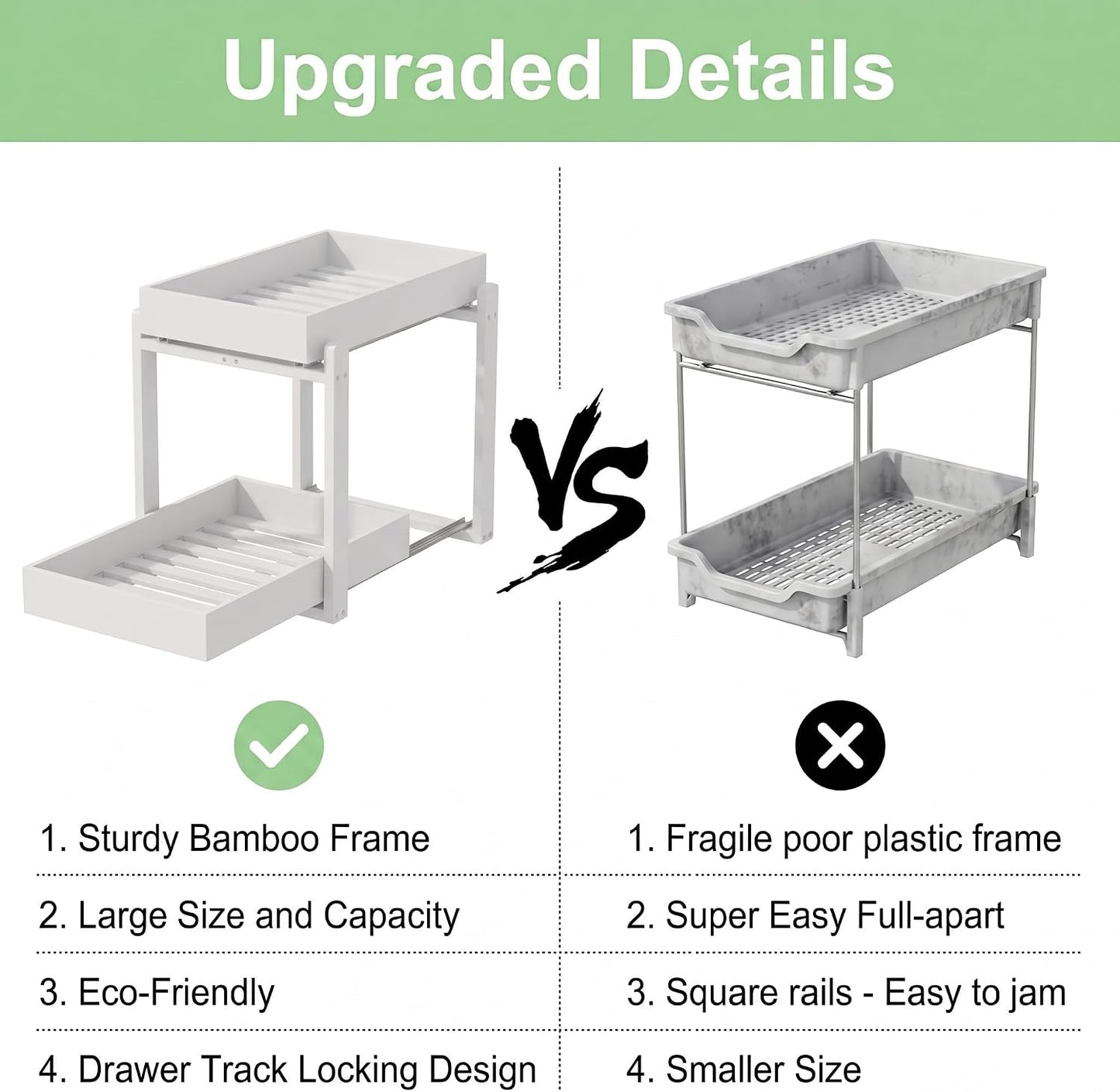 Bamboo Under Sink Organizer and Storage, 2 Pack Pull Out Cabinet Organization, 2 Tier Vertical Slide Out Undersink Storage Shelf, Multi-Purpose Organizer Shelves for Kitchen Bathroom Medicine