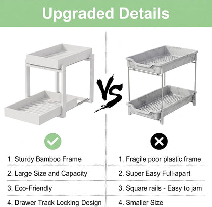 Bamboo Under Sink Organizer and Storage, 2 Pack Pull Out Cabinet Organization, 2 Tier Vertical Slide Out Undersink Storage Shelf, Multi-Purpose Organizer Shelves for Kitchen Bathroom Medicine