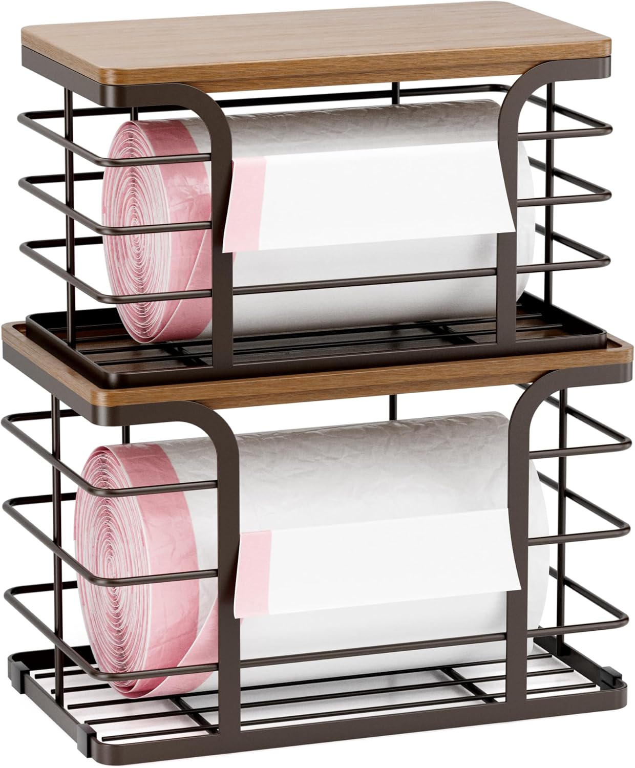 2 Pack Stackable Storage for Kitchen Laundry Pantry Organizers,Trash Bag Holder with Bamboo Top,Wall Mount Garbage Bag Dispenser,Black Large and Small